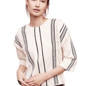 Eri +‎ Ali  Anthro Cream Black Stripe Fringe Sleeve Knit Pullover Top Size L
